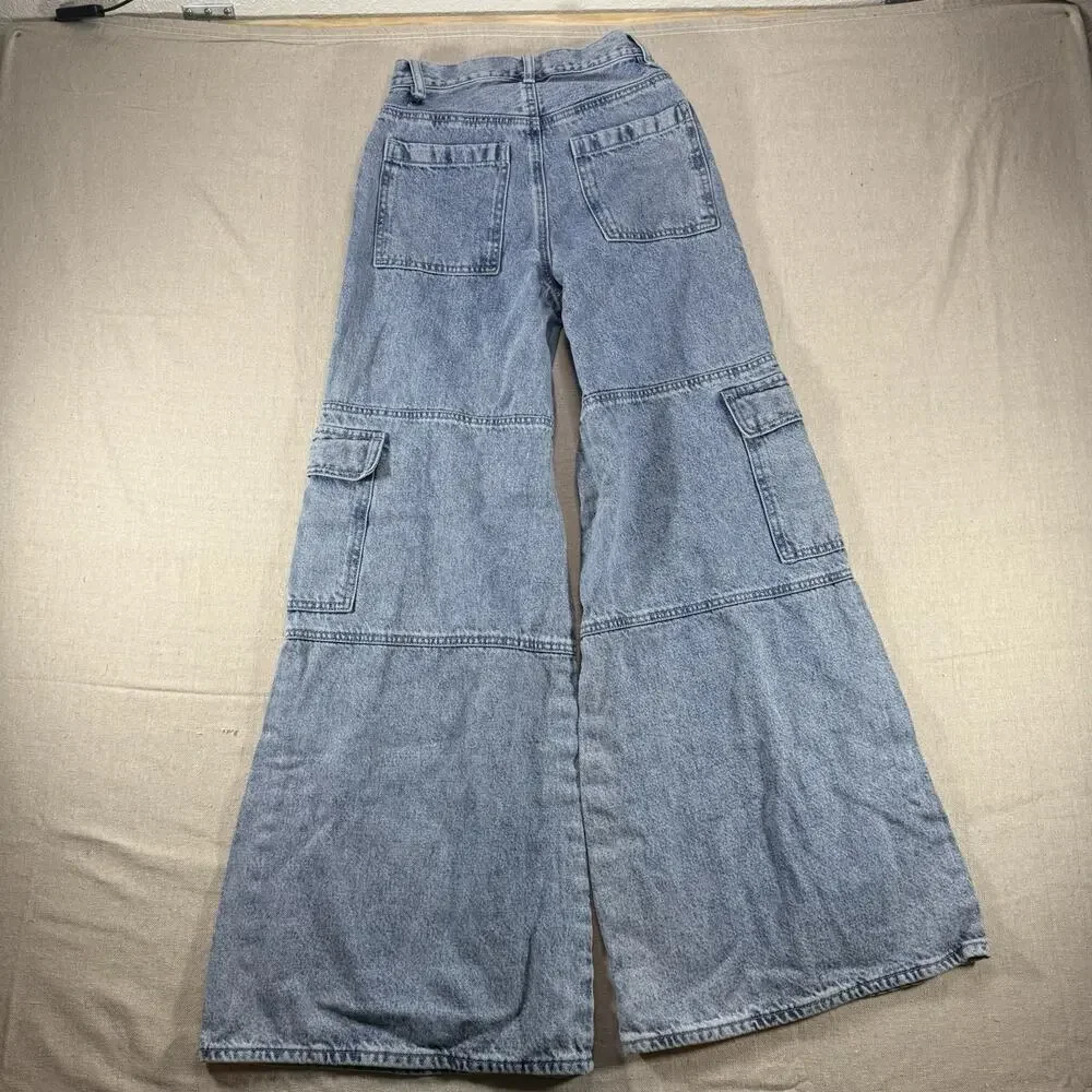 Kendall & Kylie Wide Leg Cargo Denim Jeans Light Wash High Waisted Flare 22W XXS